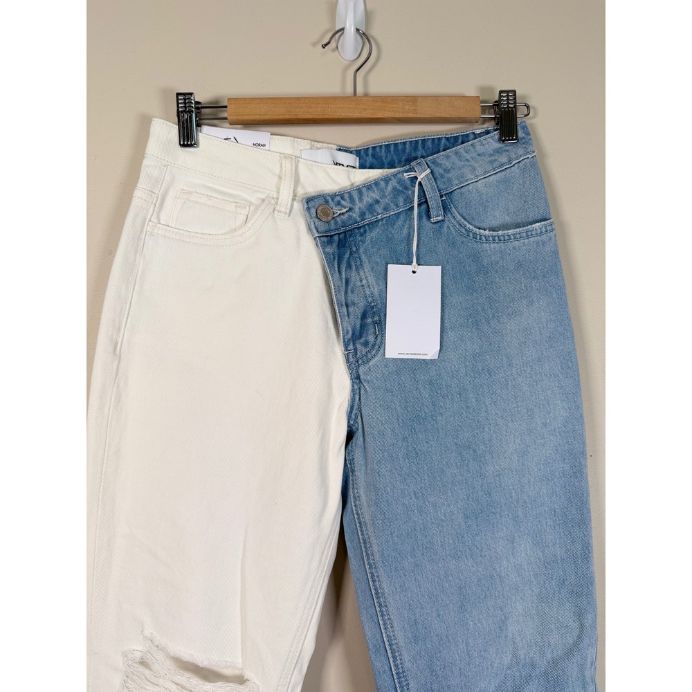 Vervet Norah Two Tone High Rise Straight Jeans White Blue Distressed 26 NEW - Picture 3 of 11